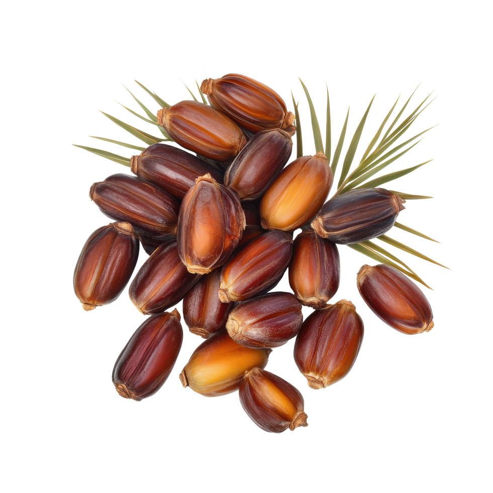 Fresh date palm fruit arranged on a Transparent background with green leaves, date palm fresh fruit isolated on background png