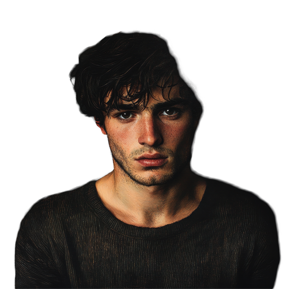 Serious young man portrait with intense gaze in low light setting, Portrait Serious Young Man png