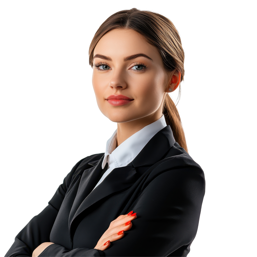 Woman flight attendant in professional attire posing confidently on Transparent background, Woman flight attendant on background png
