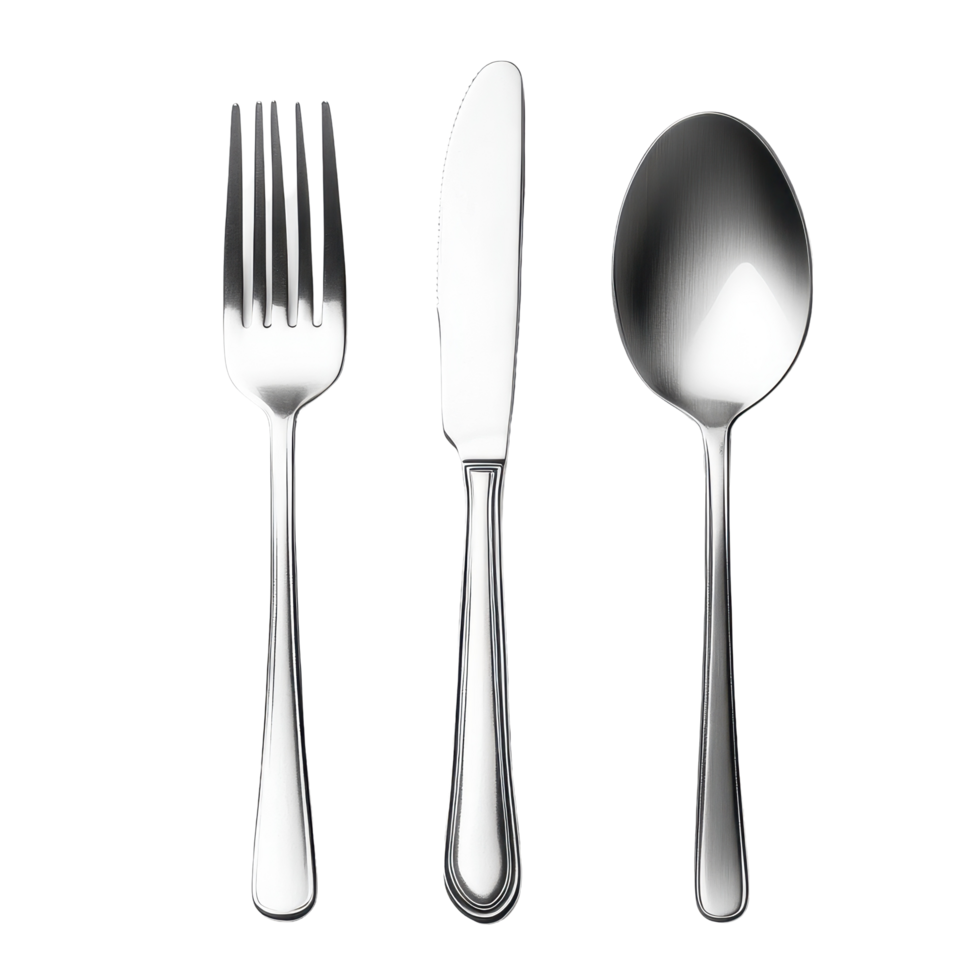 High quality silverware set featuring a fork, knife, and spoon isolated on a Transparent background, Silverware. Fork, spoon and knife isolated on white png