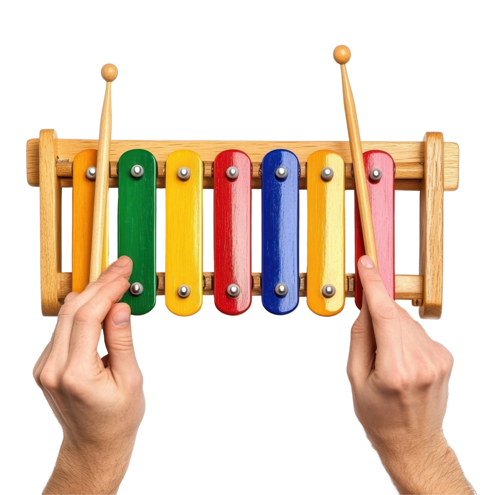 Hands playing colorful xylophone with drum sticks in bright setting, Hands Playing on the Xylophone with Drum Stick isolated on white background png