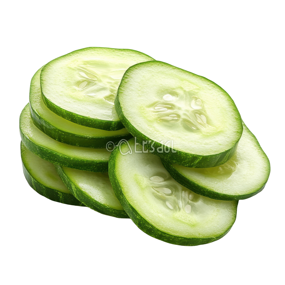 Sliced cucumber showcasing its fresh green color and crisp texture on a Transparent background, Sliced cucumber isolated on background png