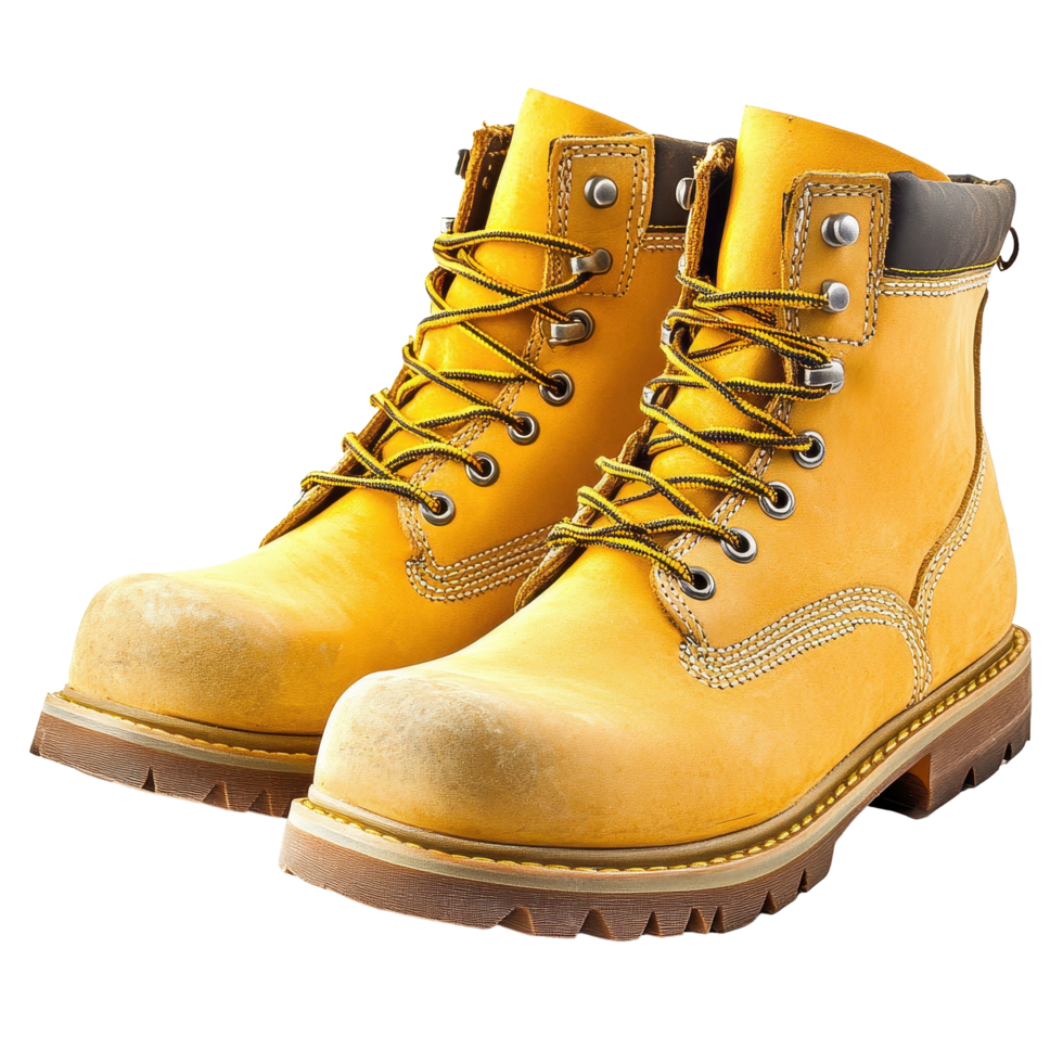Yellow working boots for outdoor activities on a clean Transparent background ready for ragged use and durability, Pair yellow working boots isolated on background png