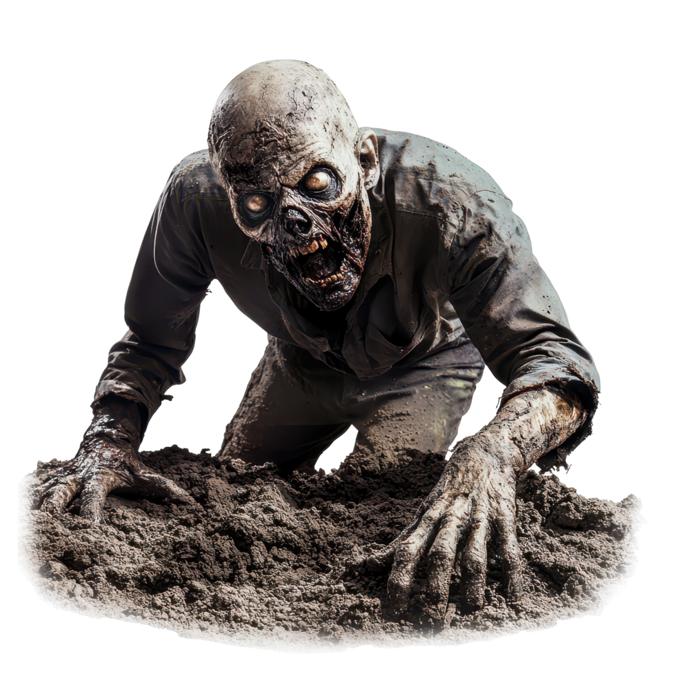 Zombie crawling from dirt grave on Transparent background creates a chilling horror atmosphere, Zombie Crawling from Dirt Grave on background png