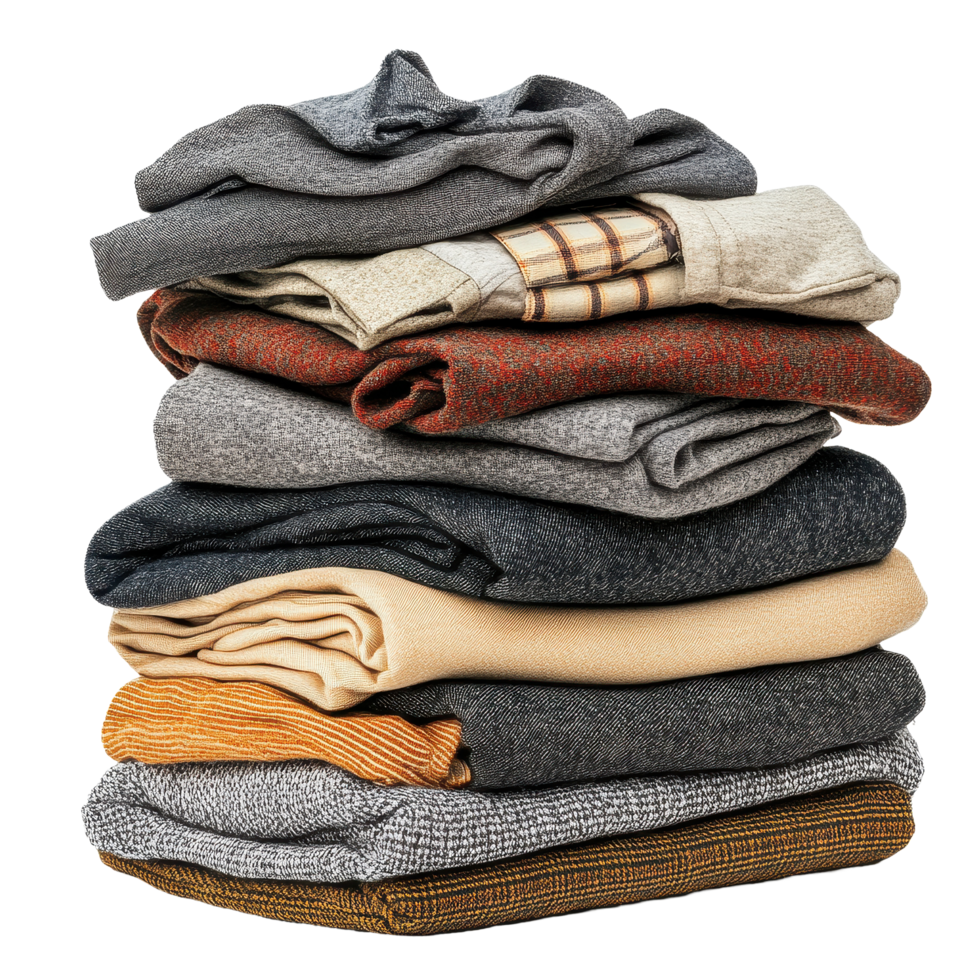 Various neatly folded clothes arranged in a pile on a Transparent background for a clean and organized look, Pile Folded Various Clothes isolated background png