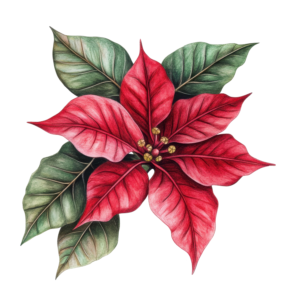 Vibrant poinsettia flower and leaves drawn with intricate details for creative designs and decorations, drawing a pointia flower and leaves isolated png