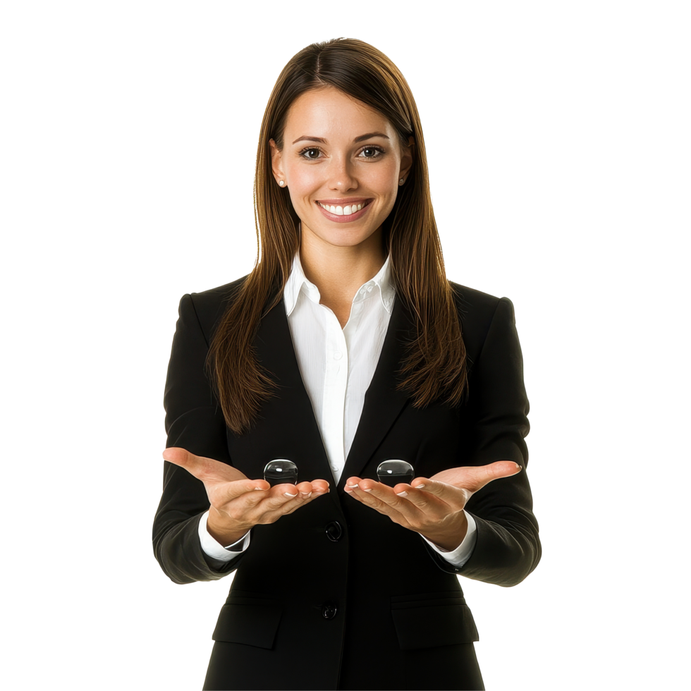 Friendly businesswoman showcasing invisible objects in a bright studio setting, Friendly Businesswoman Holding Invisible Object isolated on white background png