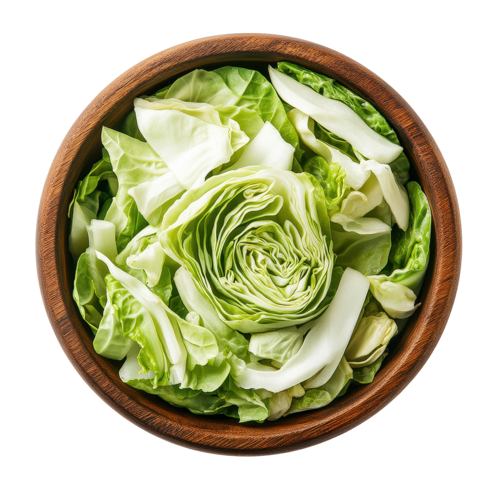Freshly sliced cabbage arranged in a wooden bowl isolated on a Transparent background, slice cabbage in wood bowl isolated on background png