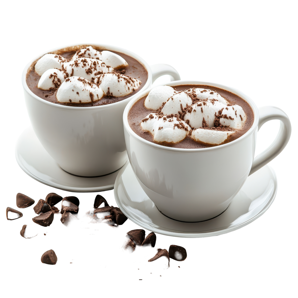 Delicious hot cocoa cups with marshmallows and chocolate flakes on a white background, hot cocoa cups isolated on white background png