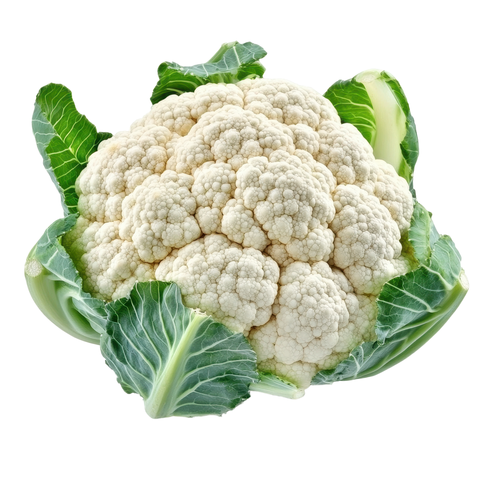 Fresh cauliflower with vibrant green leaves isolated on a clean white background for culinary use, fresh cauliflowerisolated on white background png