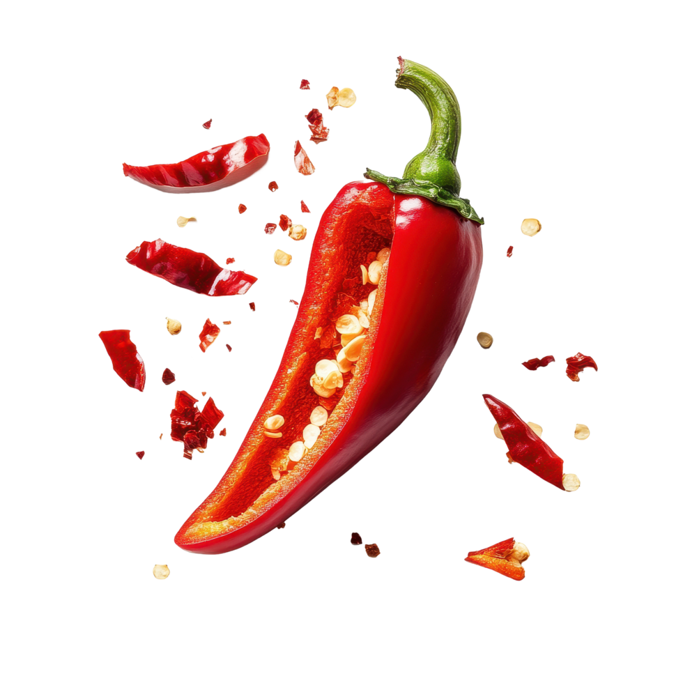 Freshly sliced red pepper with seeds and dried flakes on Transparent background for culinary use, red pepper slices isolated on background png