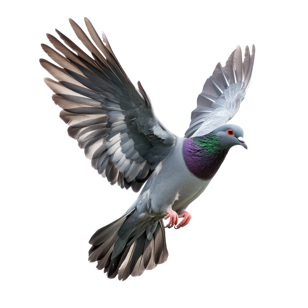 Pigeon soaring gracefully in the sky with wings fully extended and vibrant plumage on display, pigeon flying in the air with its wings spread, Transparent background png