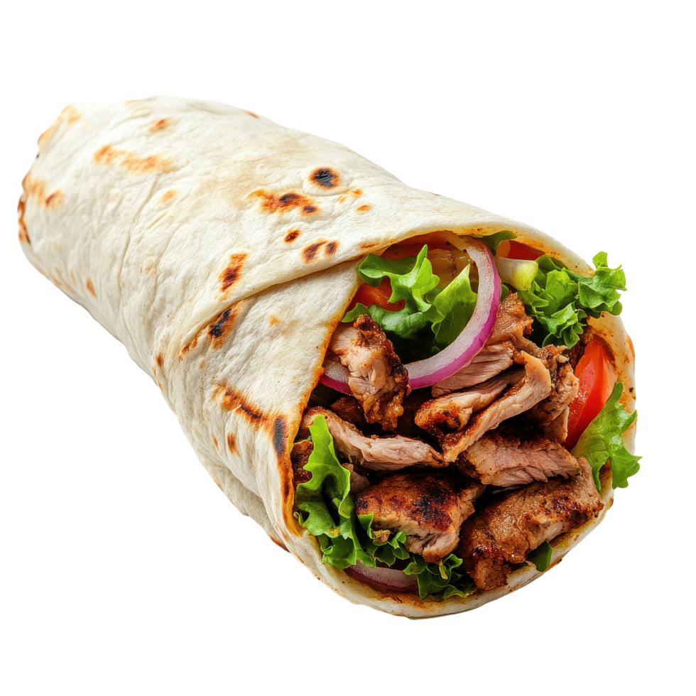 Delicious shawarma wrap filled with tender meat and fresh vegetables on a clean Transparent background, Delicious shawarma isolated on background or white backgroud png