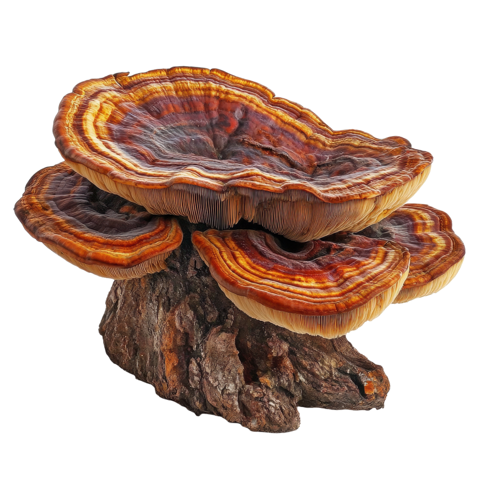 Lingzhi mushroom Ganoderma lucidum displayed on a Transparent background highlighting its unique structure and colors, Lingzhi Mushroom Ganoderma Lucidum on background png
