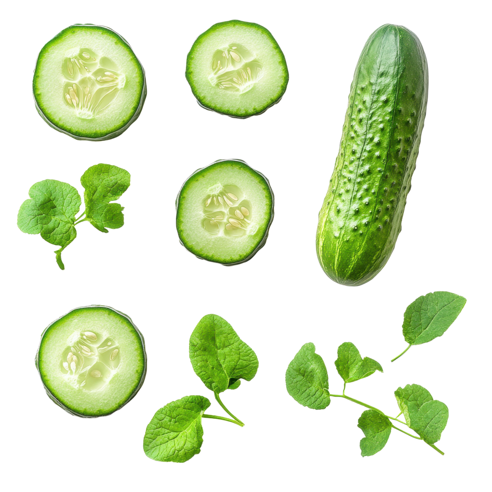 Fresh cucumber and slices with green leaves arranged on Transparent background for healthy food presentation, Cucumber and slices isolated on background png