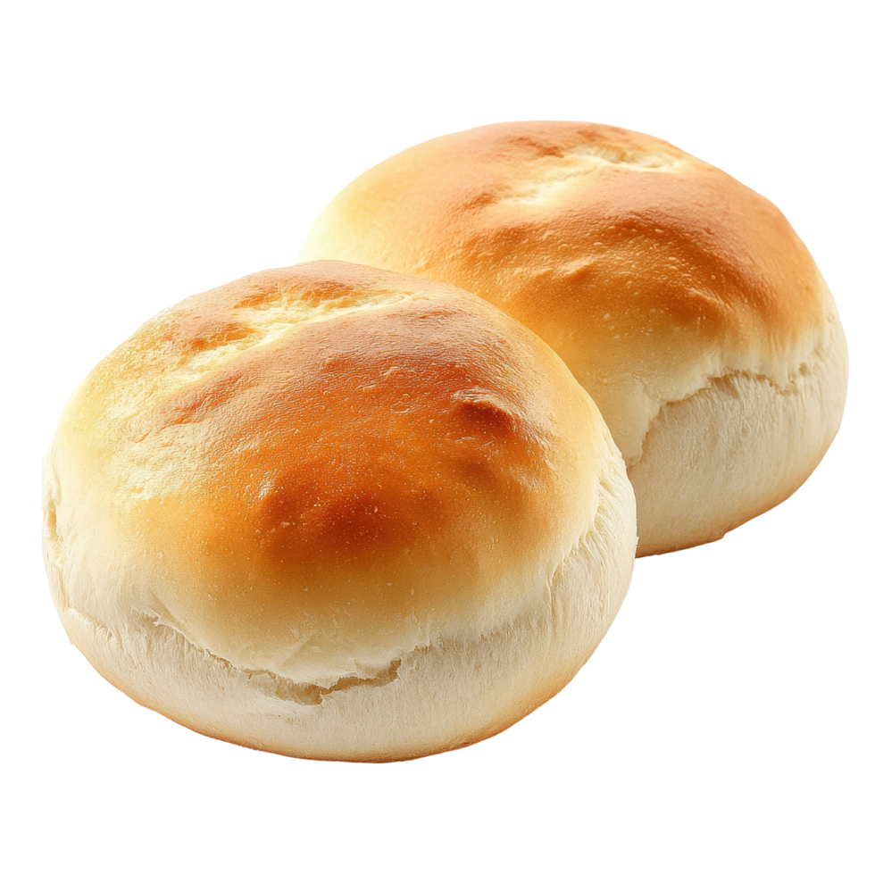 Delicious round white flour buns isolated on a clean surface perfect for sandwiches or burgers, Two round white flour buns Isolate png
