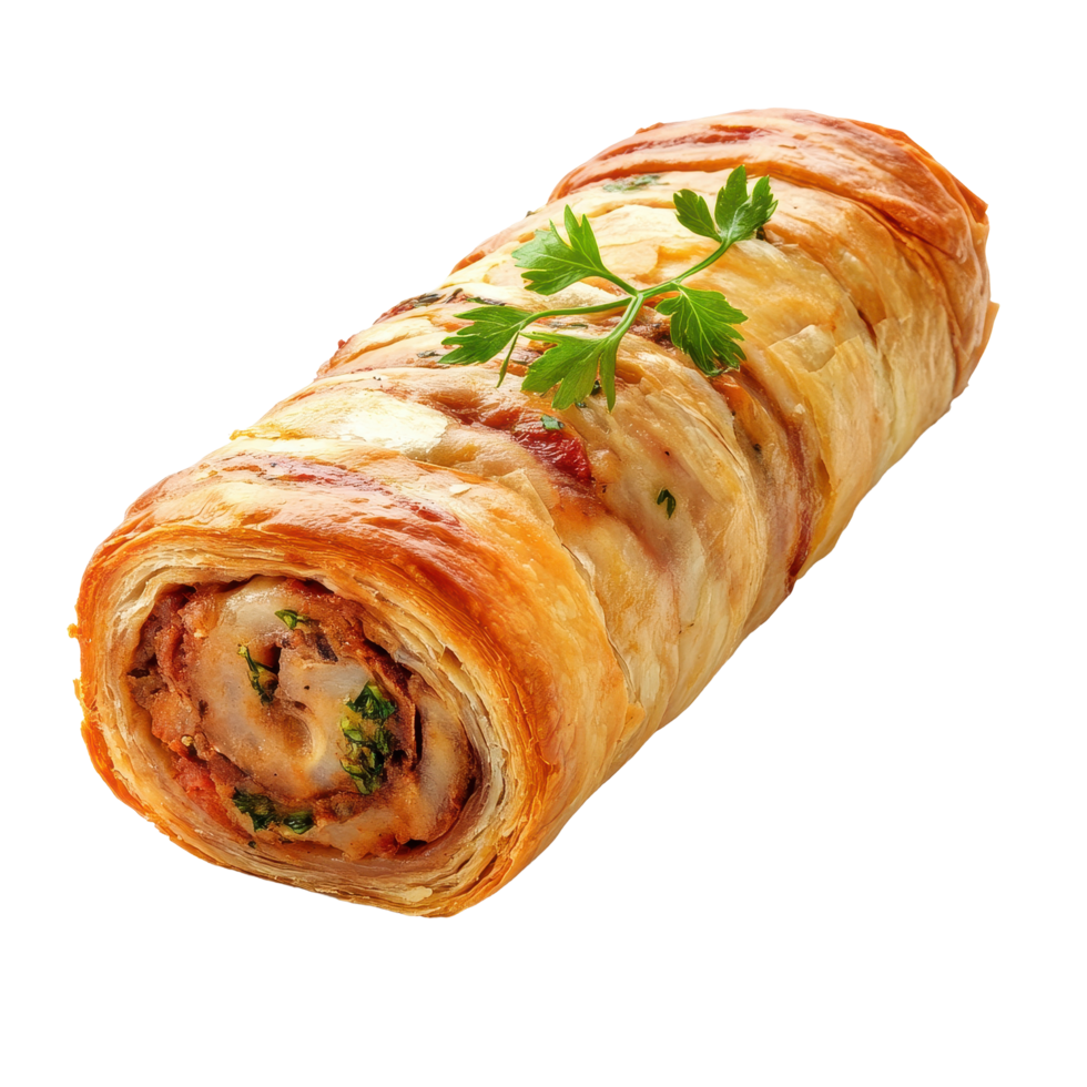 Savory roulade filled with meat and herbs on a clean Transparent background, roulade, dish of filled rolled meat or pastry isolated on background png