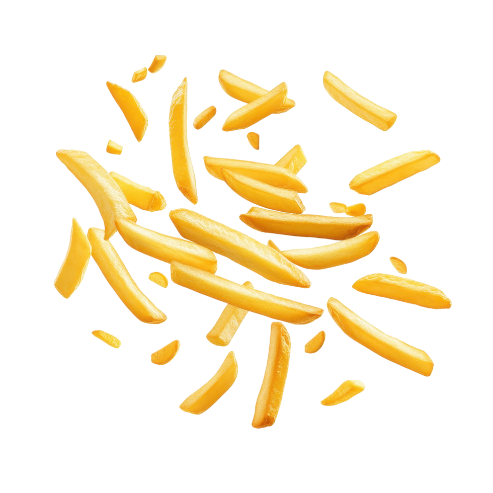 Flying French fries isolated on a white background evoke fun and craving for snacks, French Fries flyingisolated on white background png
