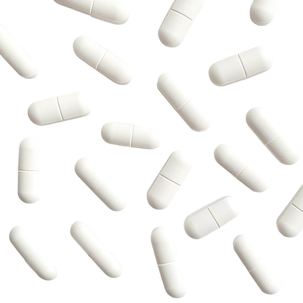Assorted white tablets scattered on a plain Transparent background showcasing various shapes and sizes, white pills tablets on background png