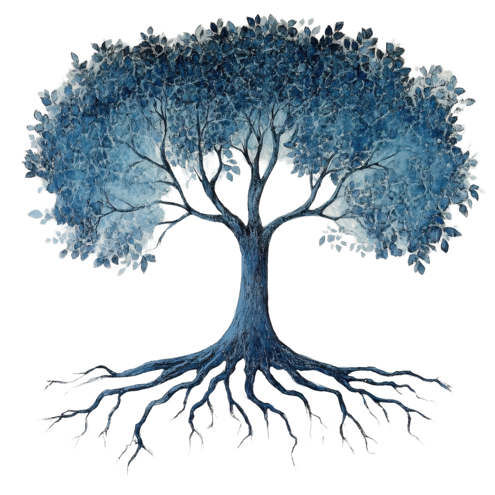 Blue tree with deep roots on Transparent background showcasing nature s strength and beauty, tree with roots and a blue background background png