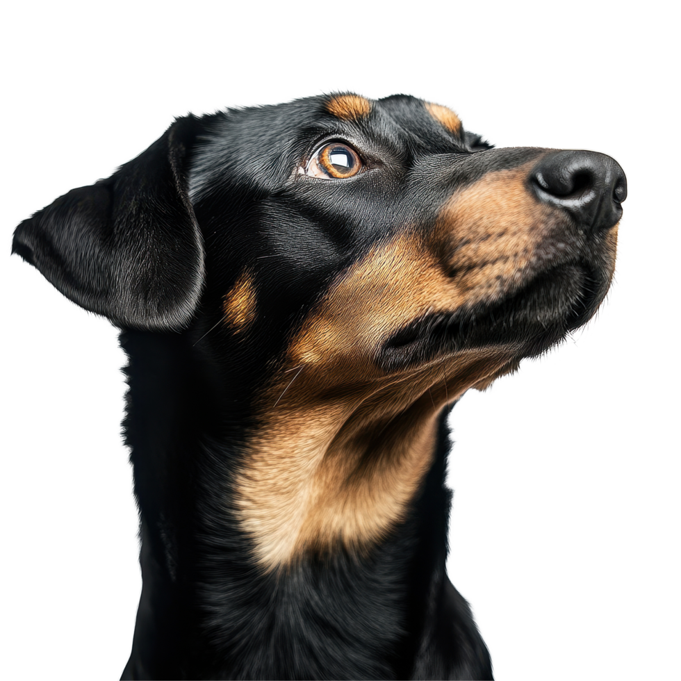 Black and brown dog with expressive eyes gazing upward against a Transparent background, dog isolated on background png