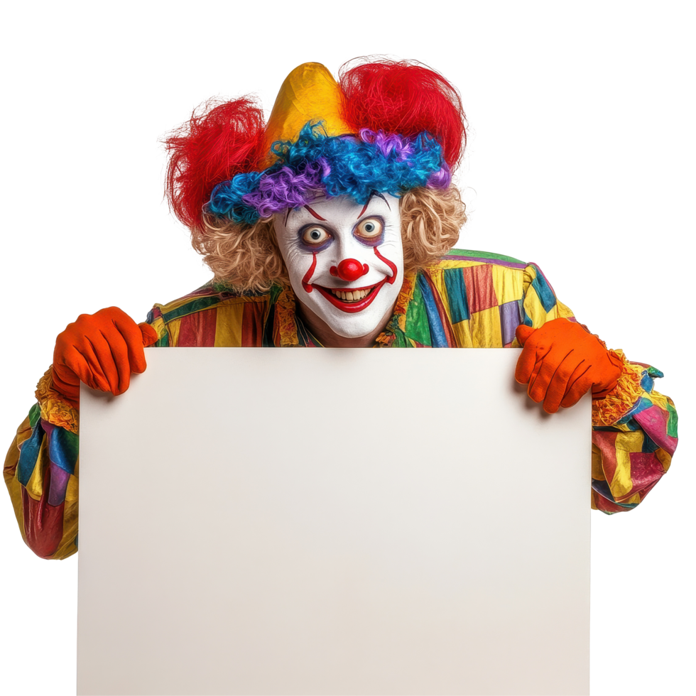 Clown with colorful costume holding blank board for announcements isolated on Transparent background, clown with blank board isolated on background png