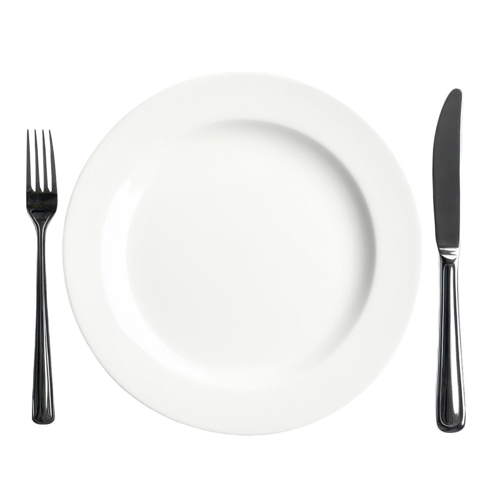 Dinner setting with fork and knife beside a white plate on a clean backdrop, top view dinner fork, knife, white plate on isolated on Transparent background png