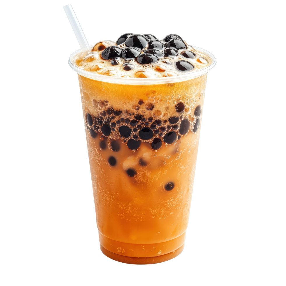 Delicious bubble tea with tapioca pearls served in clear cup against white background, Green bubble tea isolated on white background png