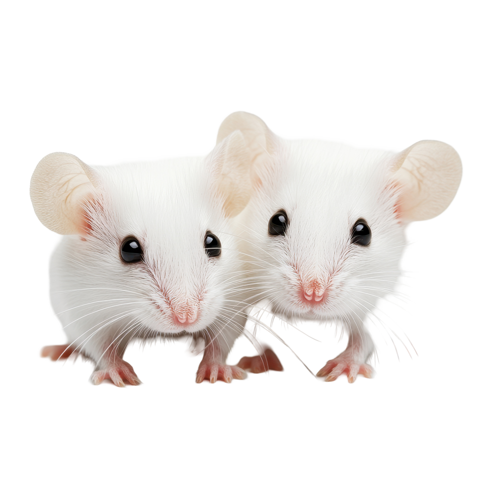 Two white mice on a Transparent background displaying curious expressions in a warm indoor setting, Two white mouse background png