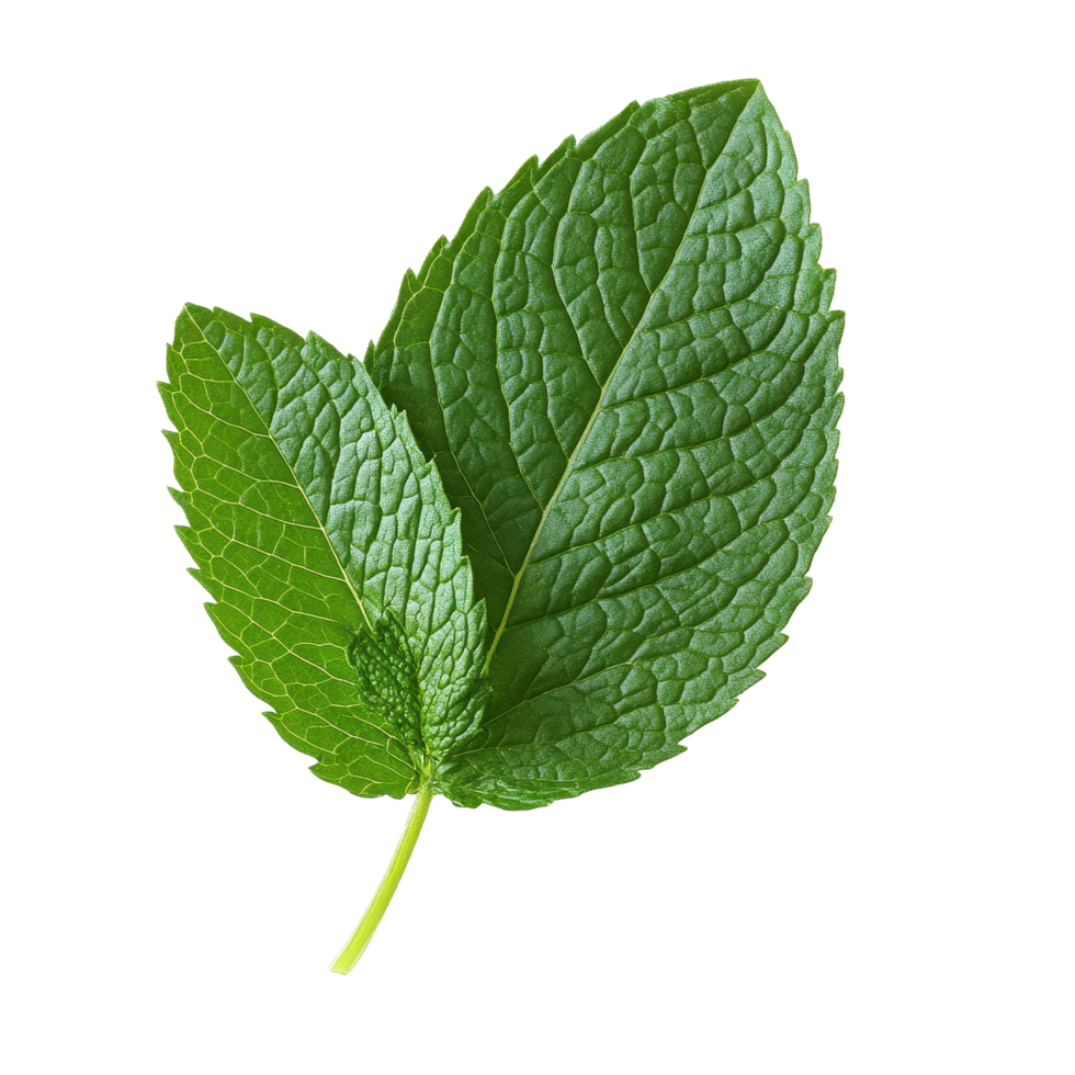 Fresh mint leaf on a clean Transparent background highlighting its vibrant green color and textured surface, mint leaf herbisolated on background png