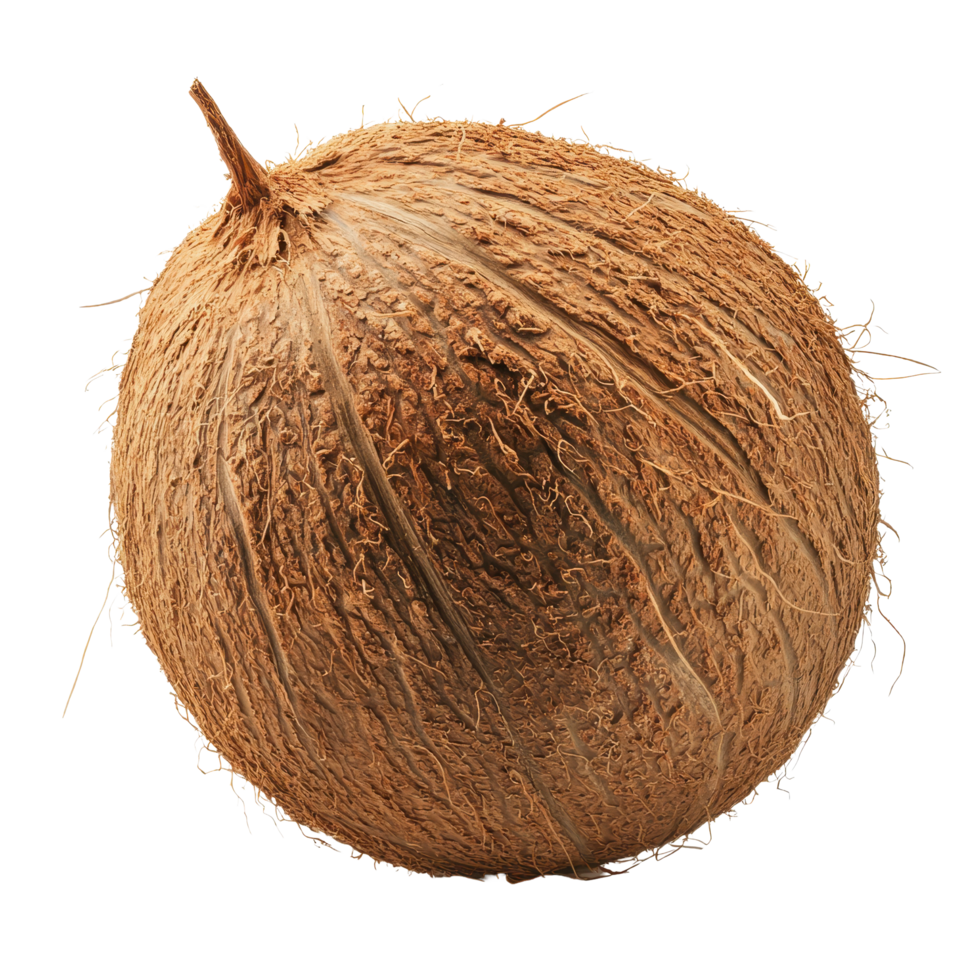 Whole coconut isolated on Transparent background showcasing its texture and natural fibers in detail, Whole coconut isolated on background png