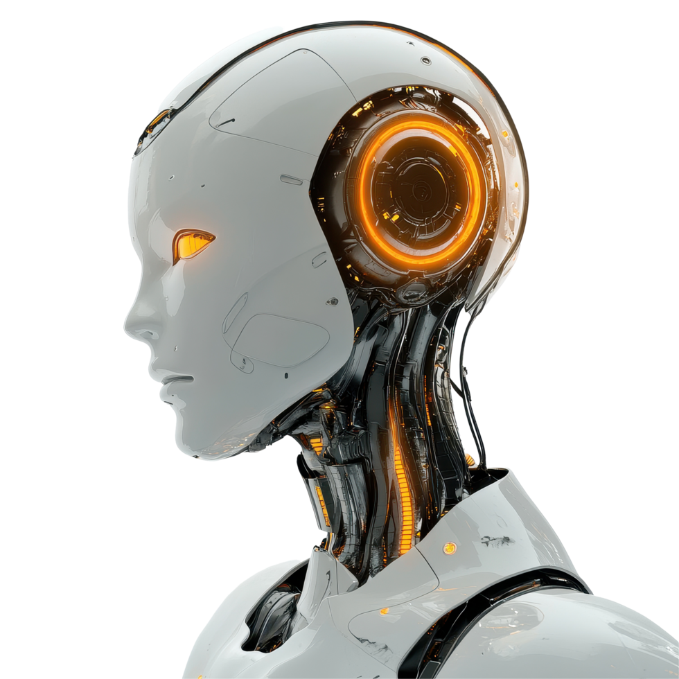 Robot with glowing head and futuristic design against Transparent background, robot with glowing head and face, background png