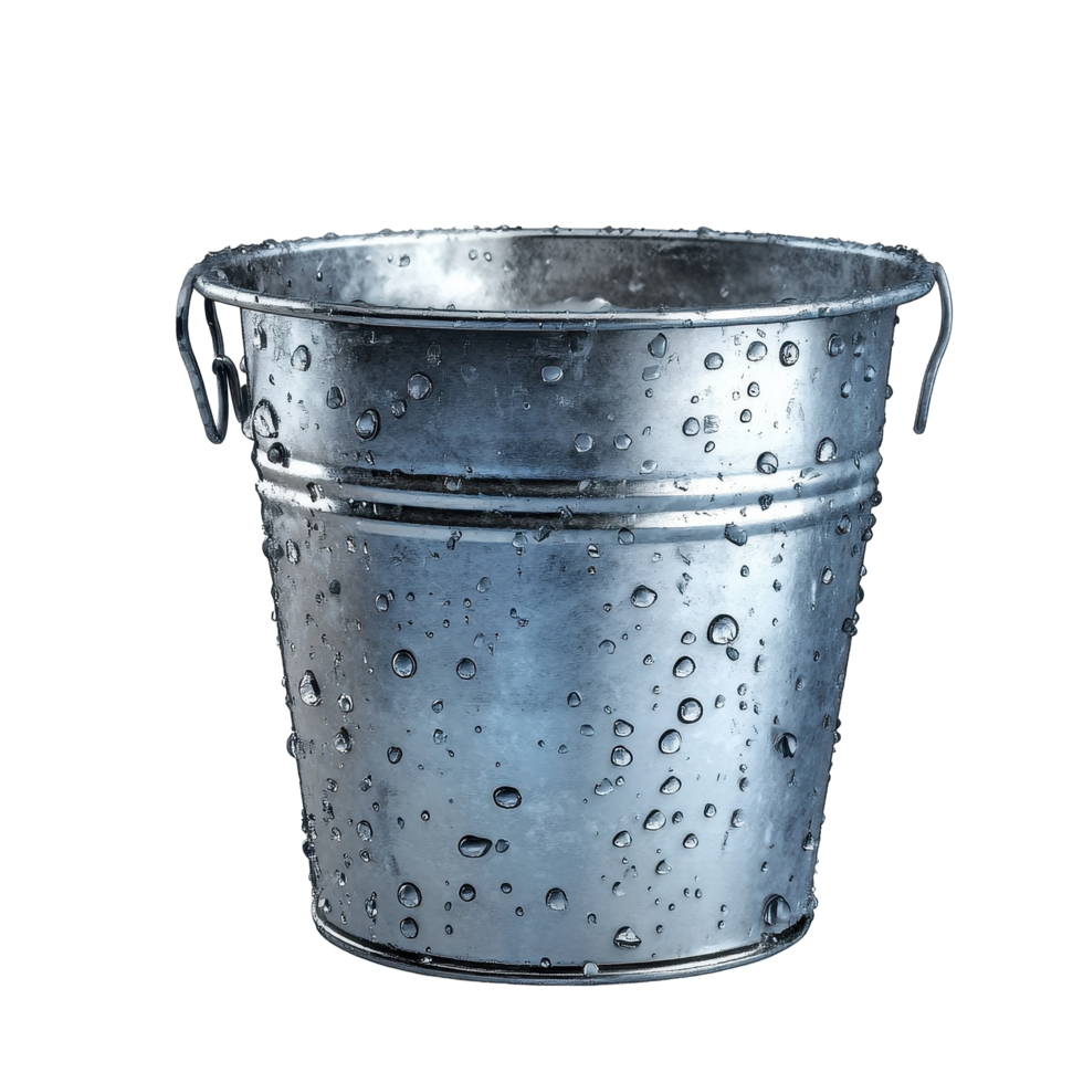 Metal bucket covered in water droplets stands out against a Transparent background showcasing its sleek design and texture, Metal Bucket with Water Drops, background png