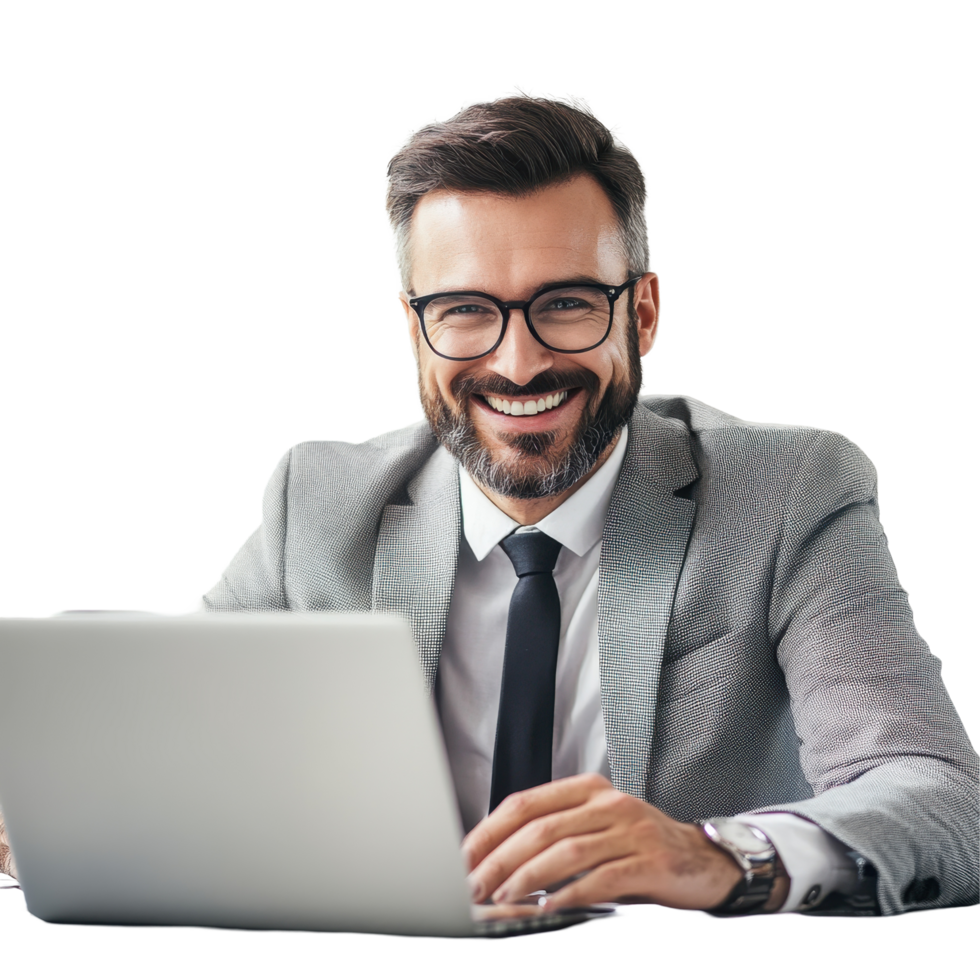 Cheerful businessman working on laptop in bright office during daytime, Happy cheerful businessman working on a laptop in office. png