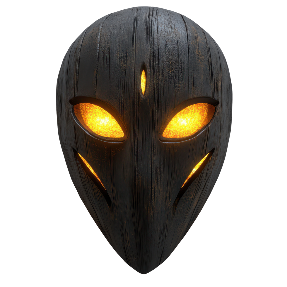 Wooden mask with glowing eyes illuminated against a dark background creating an eerie atmosphere, wooden mask with glowing eyes on a dark background Transparent background png