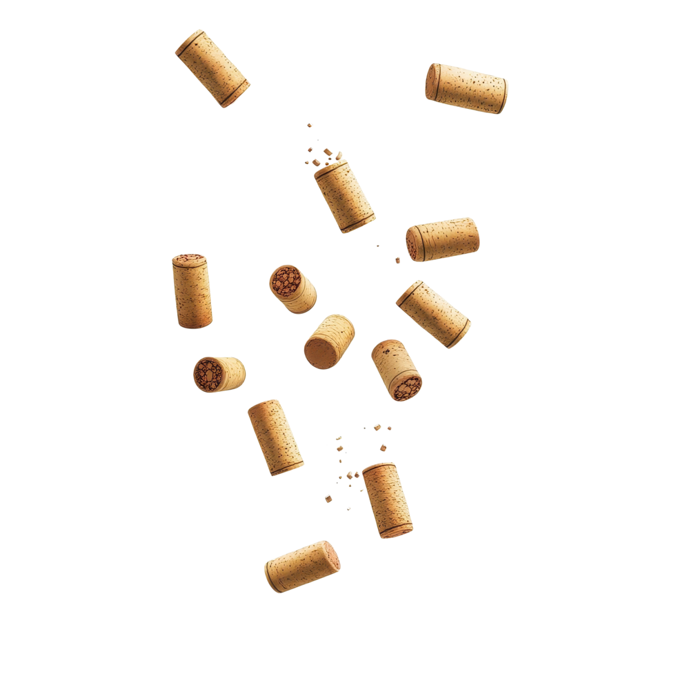 Flying wine corks falling through the air against a white background, Flying falling wine corks isolated on white background png