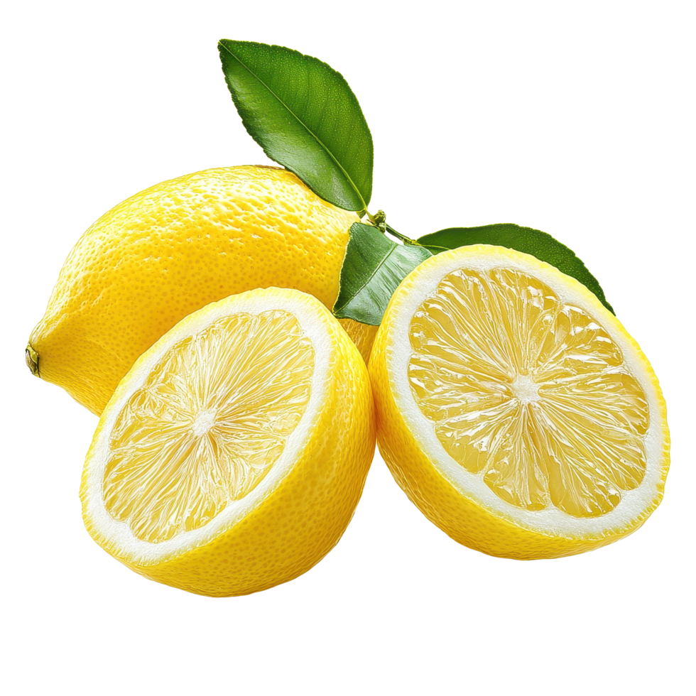 Fresh ripe lemon fruit isolated on a Transparent background showcasing its vibrant yellow color and juicy interior, ripe lemon fruit lemon isolated, Fresh Lemon White background png