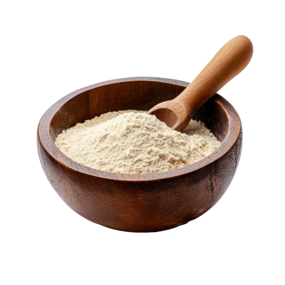 Wooden bowl filled with flour and scoop on Transparent background for culinary use and baking recipes, Wooden bowl flour isolated on background png