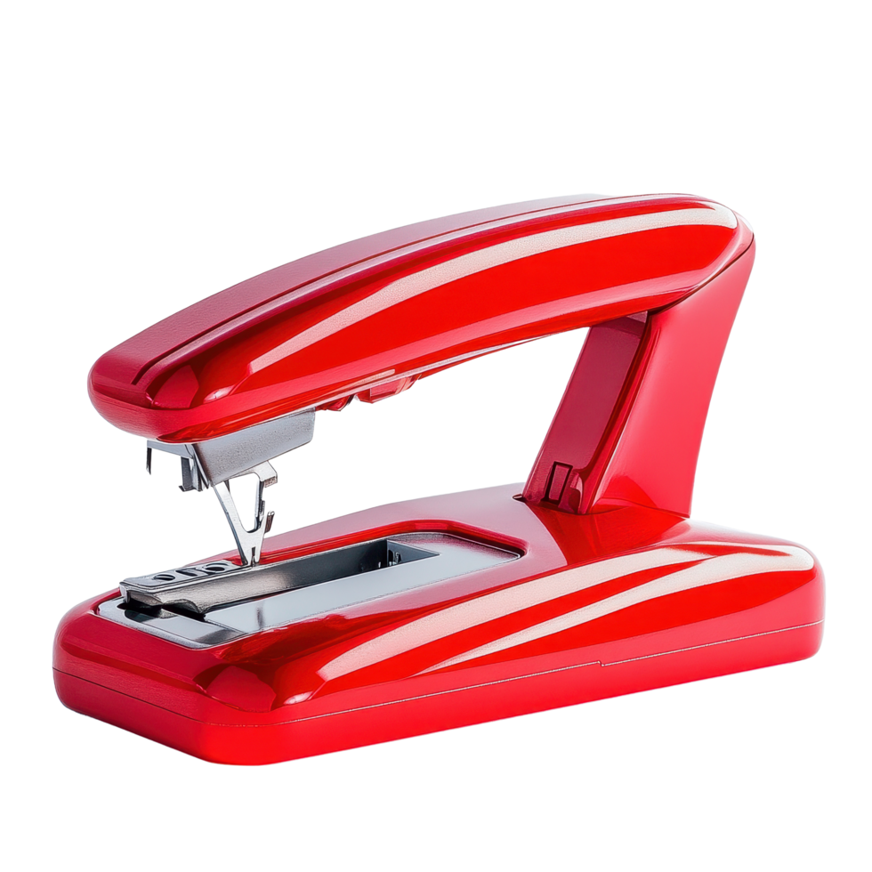 Bright red stapler with sleek design rests on a white surface for office use, red stapler with a stapler attached to it, Transparent background png