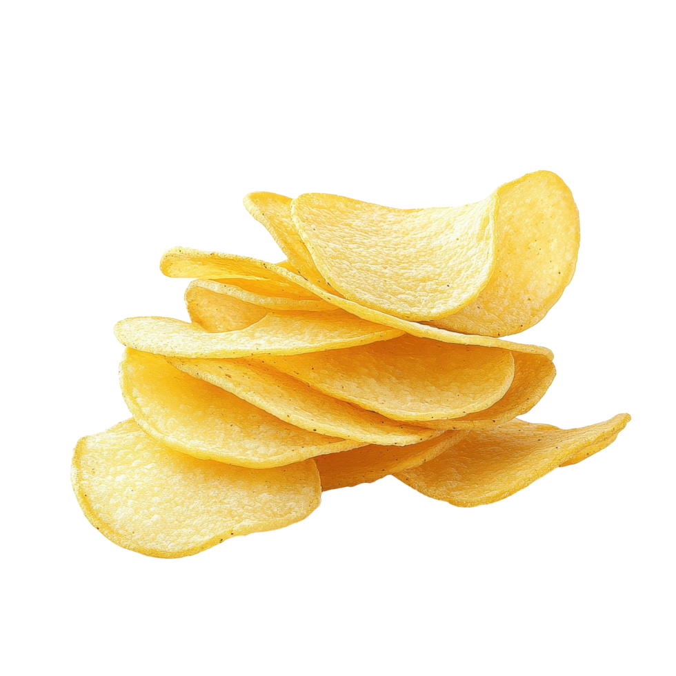 Stack of crispy potato chips isolated on a clean Transparent background ready for snacking at any time, Potato chips isolated on background png
