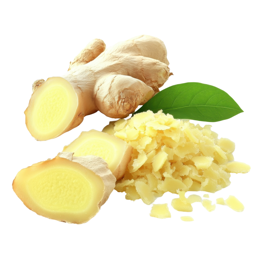 Fresh ginger pieces isolated on a white background highlighting their vibrant color and texture, Fresh ginger pieces isolated on white background png