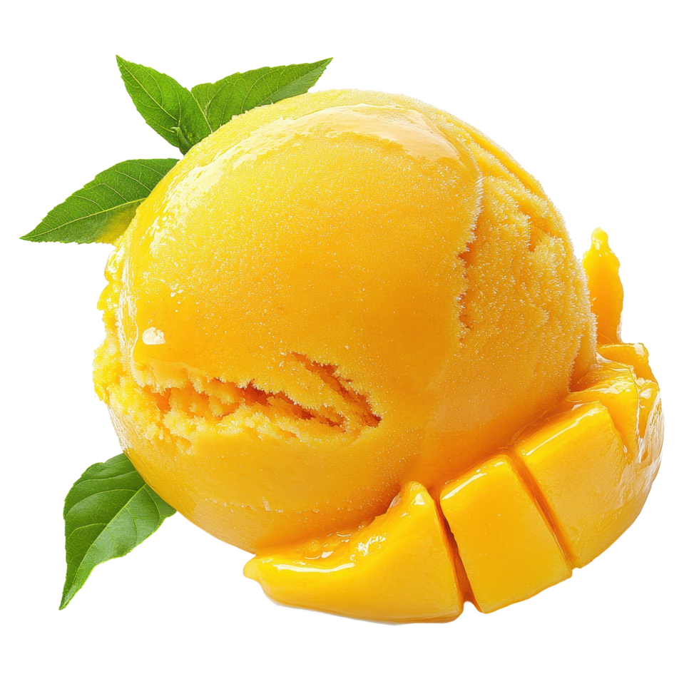 Delicious mango sorbet ice cream scoop with fresh mango slices and green leaves isolated on Transparent background, Mango sorbet ice cream scoop isolated on background png