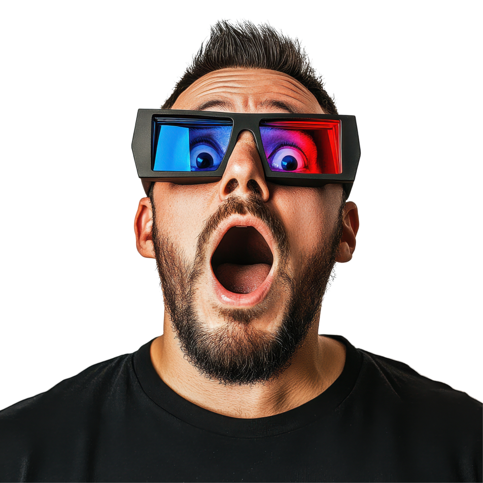 Surprised man wearing glasses with a vibrant expression against a neutral background, portrait amazed man with 3d glasses, Transparent background png