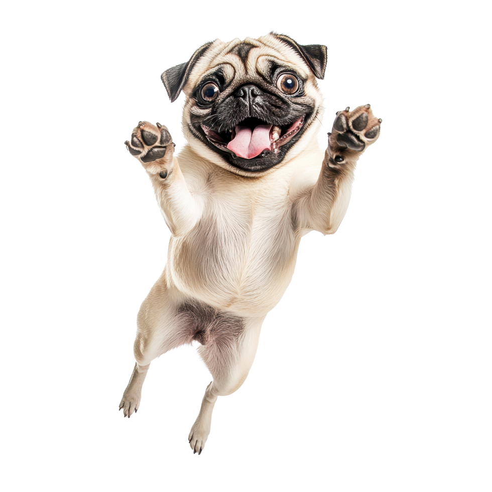 Happy pug dog joyfully jumping against a white background capturing pure excitement and energy, happy pug dog jumping, white background png