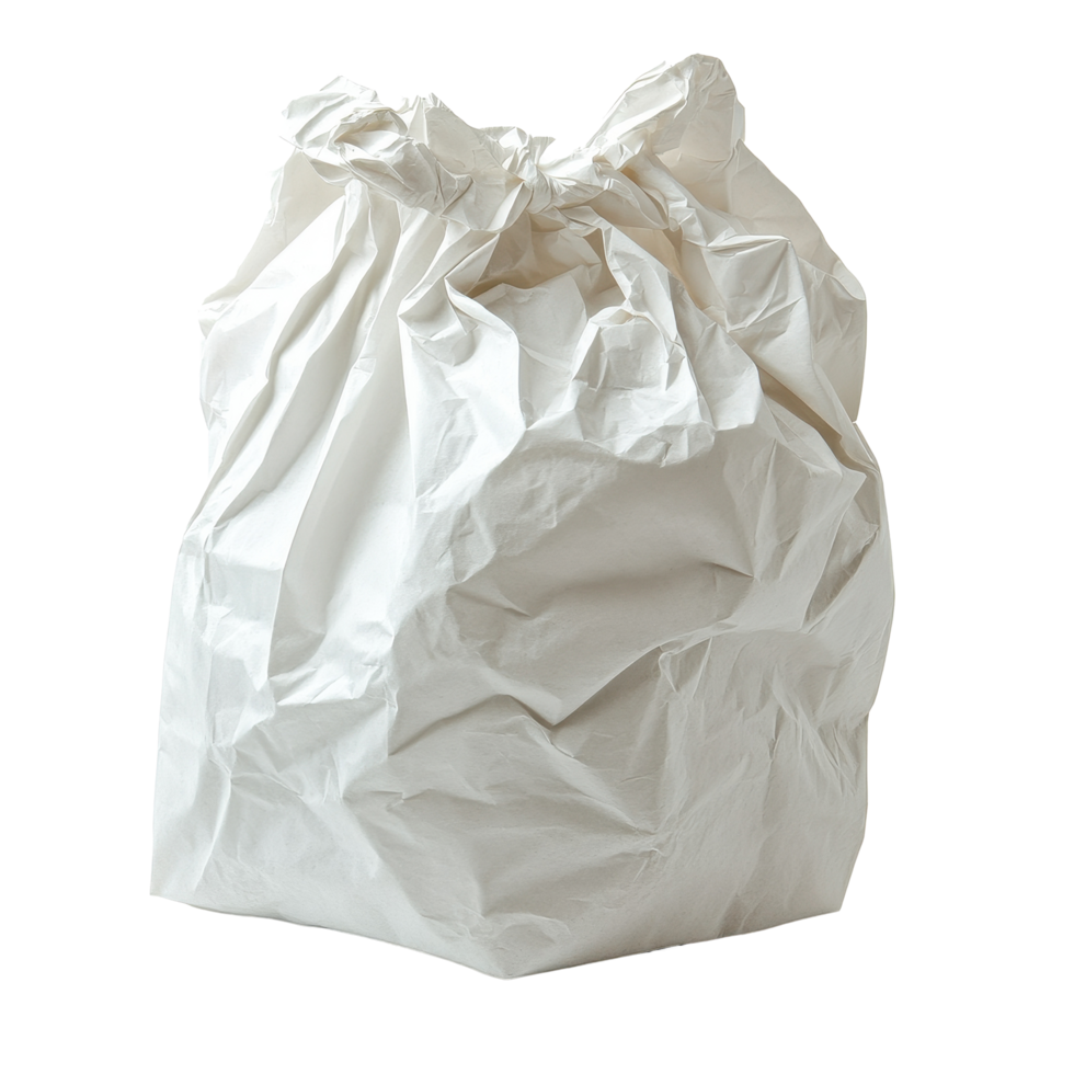 Crumpled white paper bag on a plain background showcasing texture and simplicity in design, Large White Crumpled Paper Bag, Transparent background png