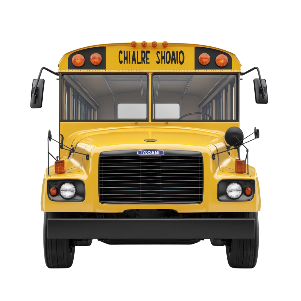 Front view of a yellow school bus parked in a bright setting ready for students, yellow school bus front view on isolated isolated on Transparent background png