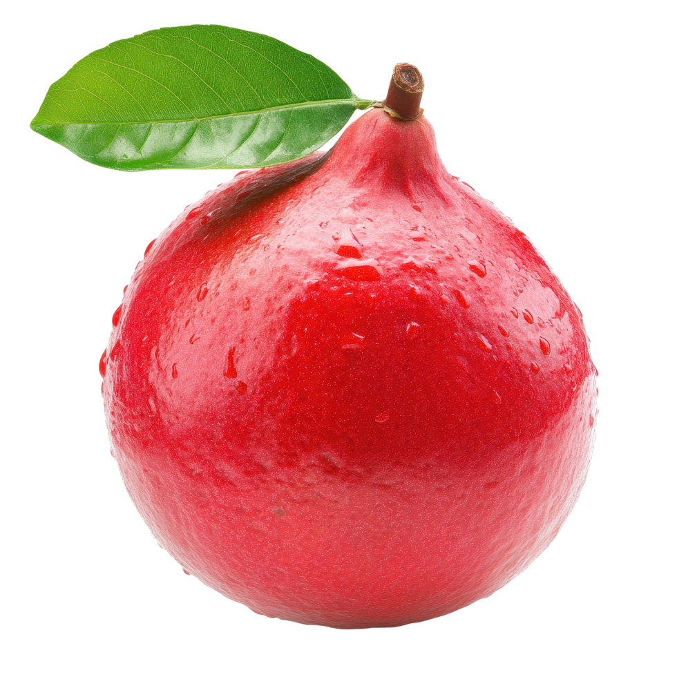 Fresh red guava fruit showcasing vibrant color and texture with green leaf on Transparent background, Red guava fruit isolated on background png