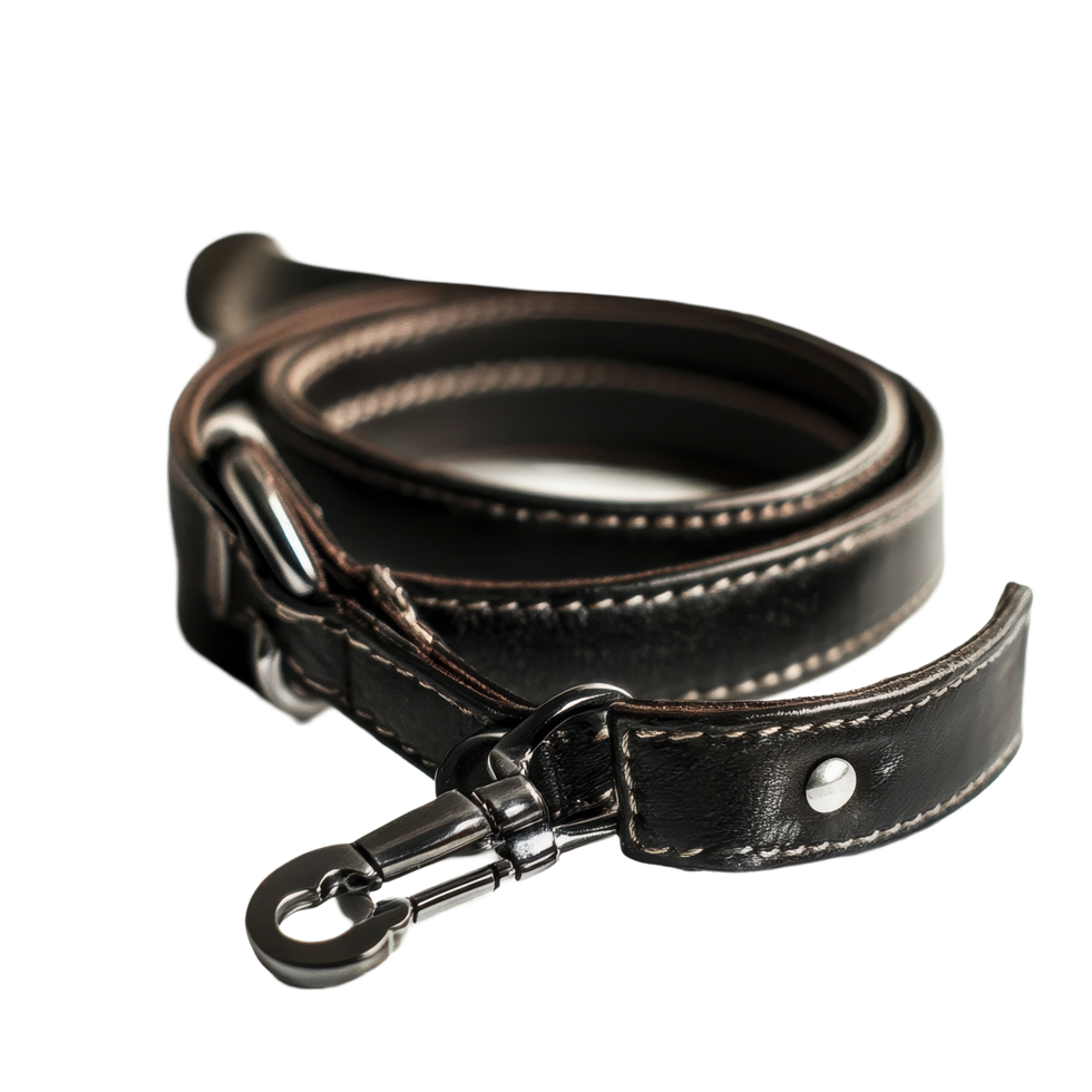 Durable black leather dog collar with leash for outdoor walks and training sessions, Dog Collar with Leash Isolated png