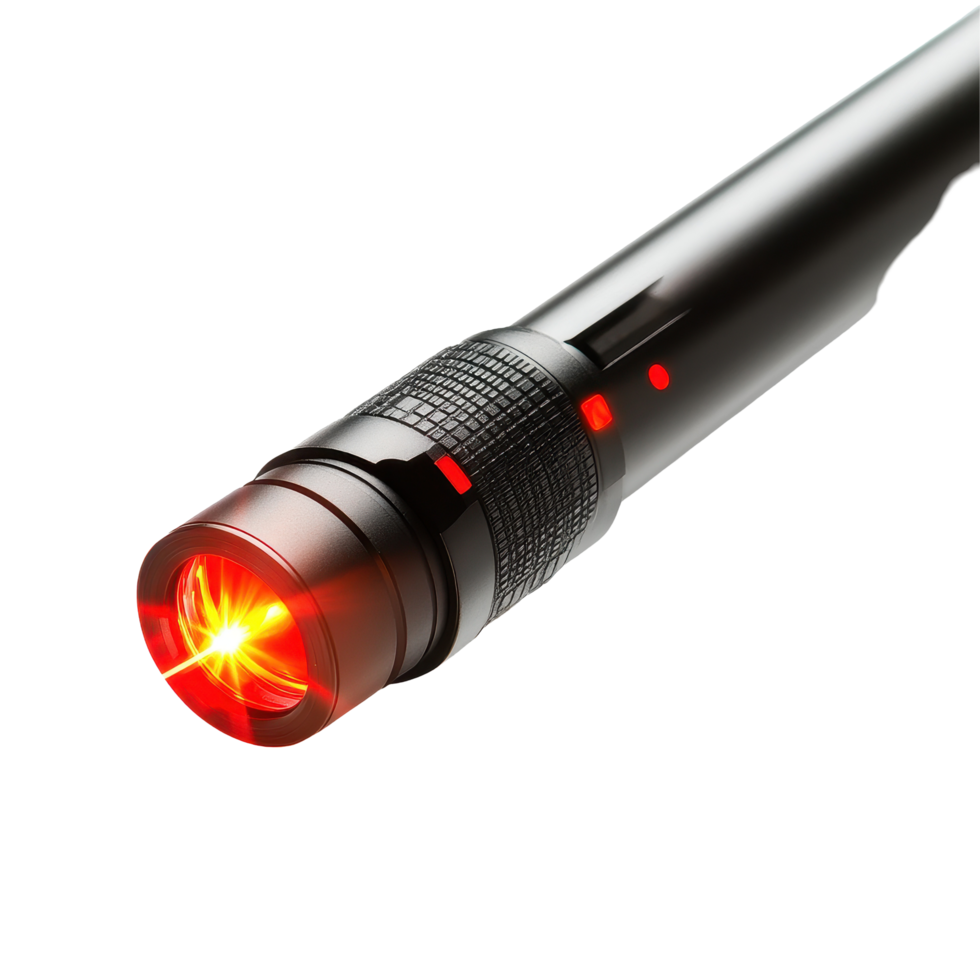 Advanced laser pointer displaying a bright red laser in a closeup perspective for detailed examination, Closeup an advanced laser pointer with a red laser beam. png