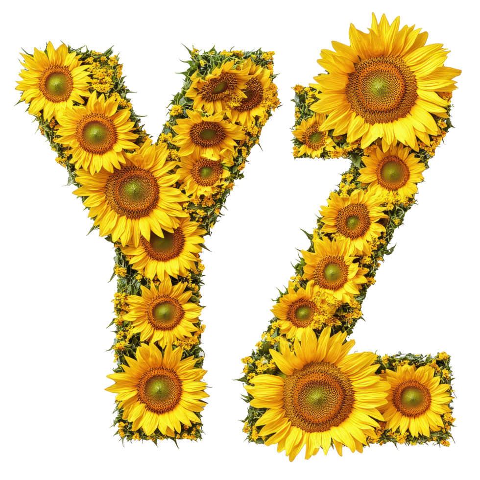 Sunflowers creatively arranged to form the letters Y and Z in a bright and cheerful display, Image sunflowers arranged in the letters YZ, isolated on a white background png